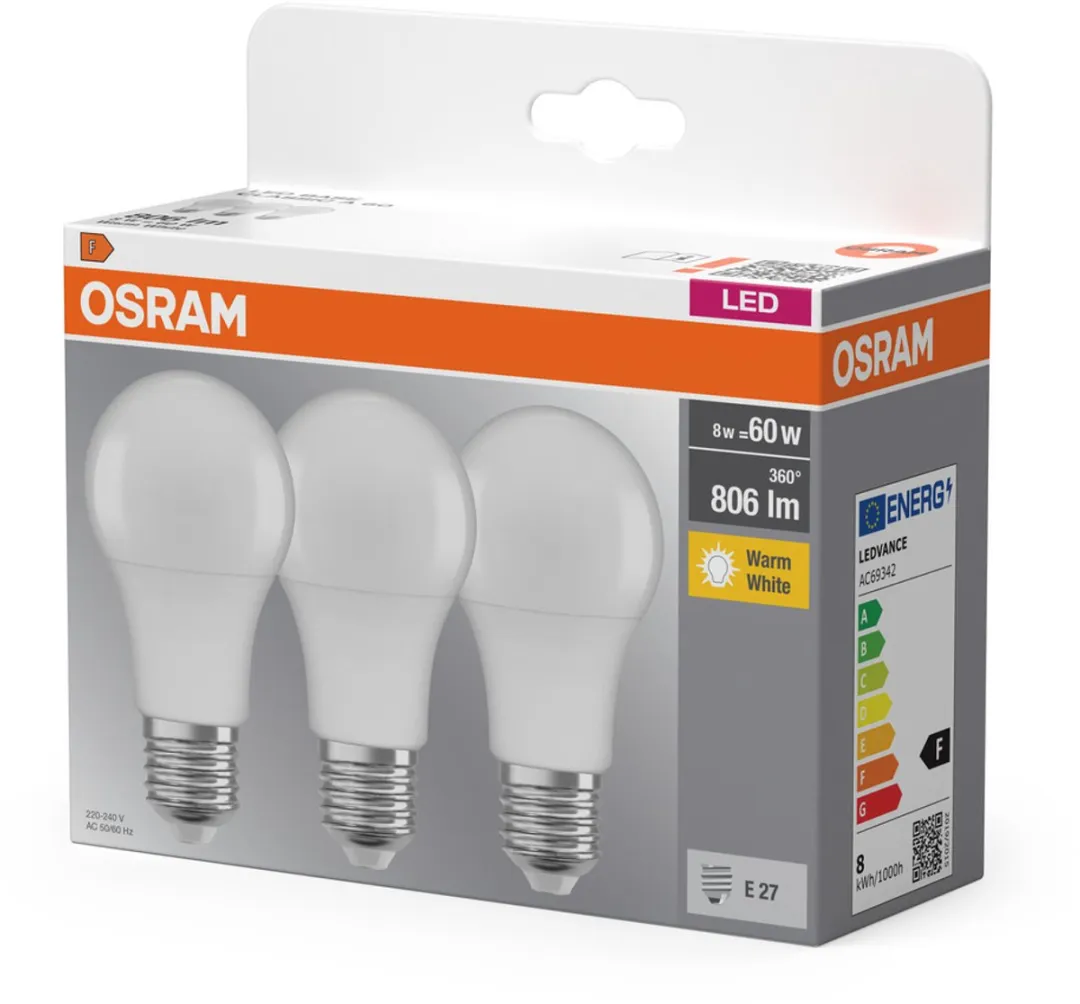 Osram LED-lamp E27 8,5W Warm Wit 2700K - 3 Stuks
