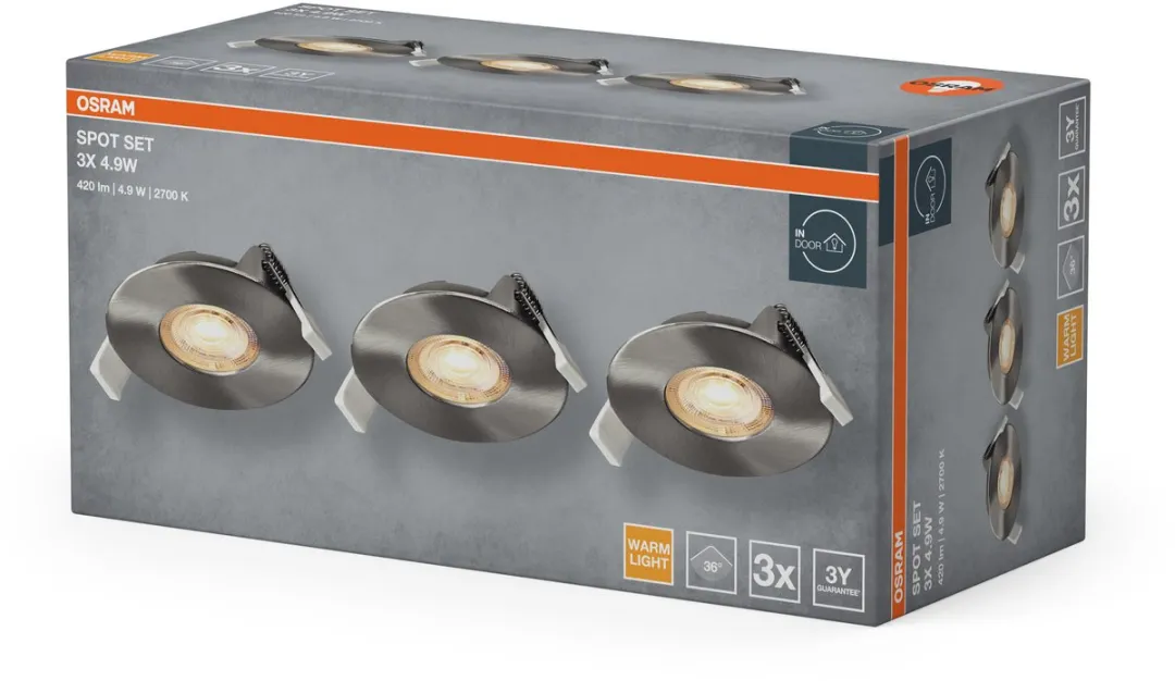Osram Spot Set LED Inbouwspot 4,9W 2700K - 3 Stuks - Satijn nikkel