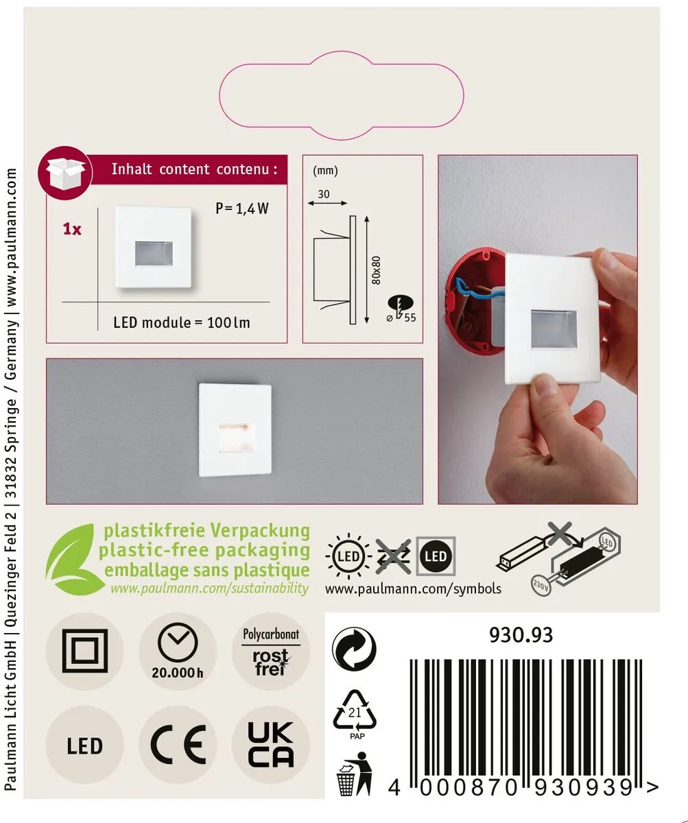 Paulmann Edge LED Wandinbouwlamp 1,2W - 50lm - 2700K - Wit Mat