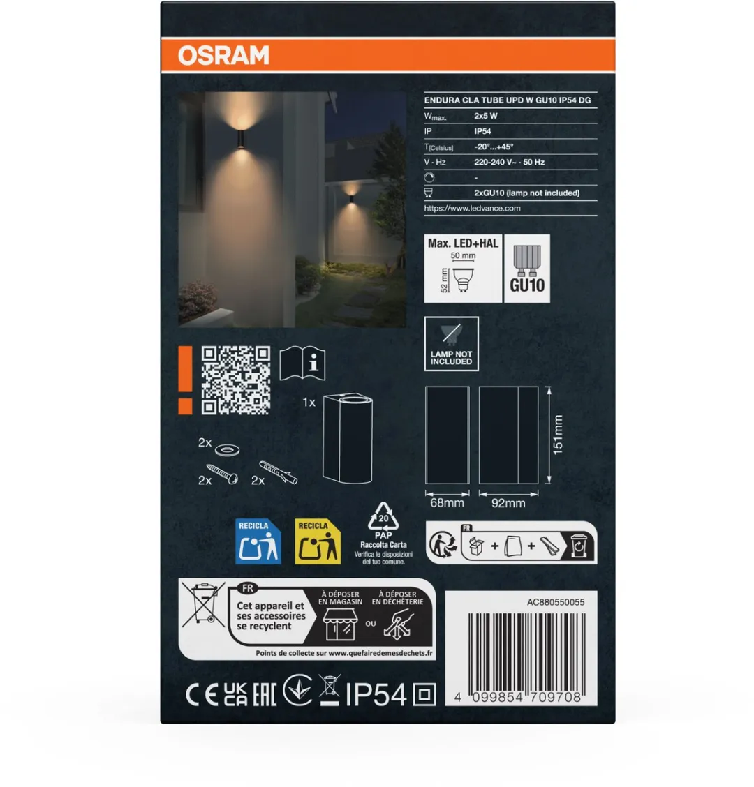 Osram Endura Classic Tube Updown Wall GU10 IP54 - Donkergrijs