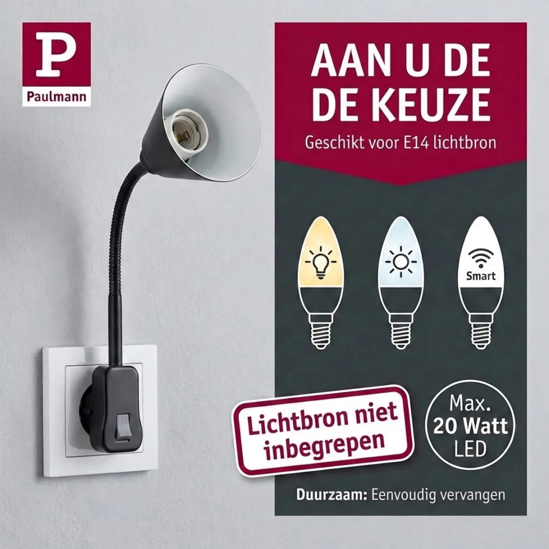 Paulmann Junus Flexarm Stekkerlamp E14 - 20W - Zwart
