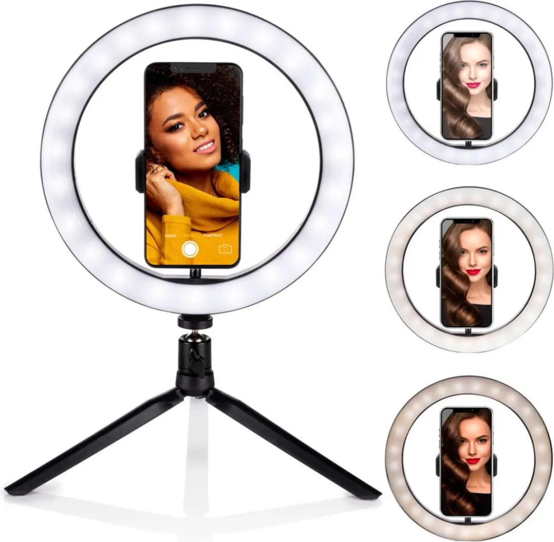 Grundig Ringlamp met Statief - Ringlight 25cm - TikTok Lamp LED - 14 Lichtstanden - USB - Tripod