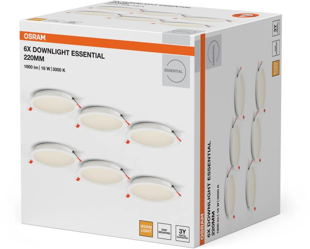 Osram Essential Downlight 220mm 18W - 6 Stuks - Warm Wit 3000K