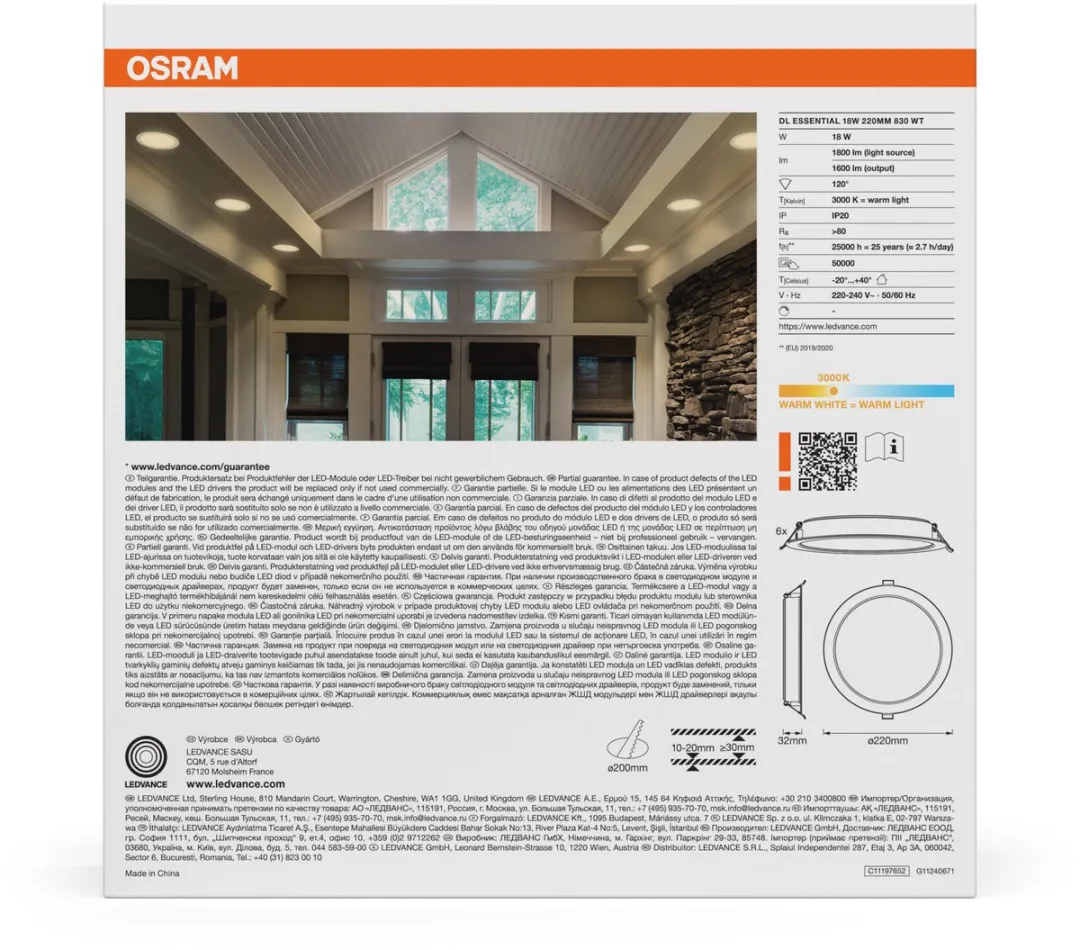 Osram Essential Downlight 220mm 18W - 6 Stuks - Warm Wit 3000K
