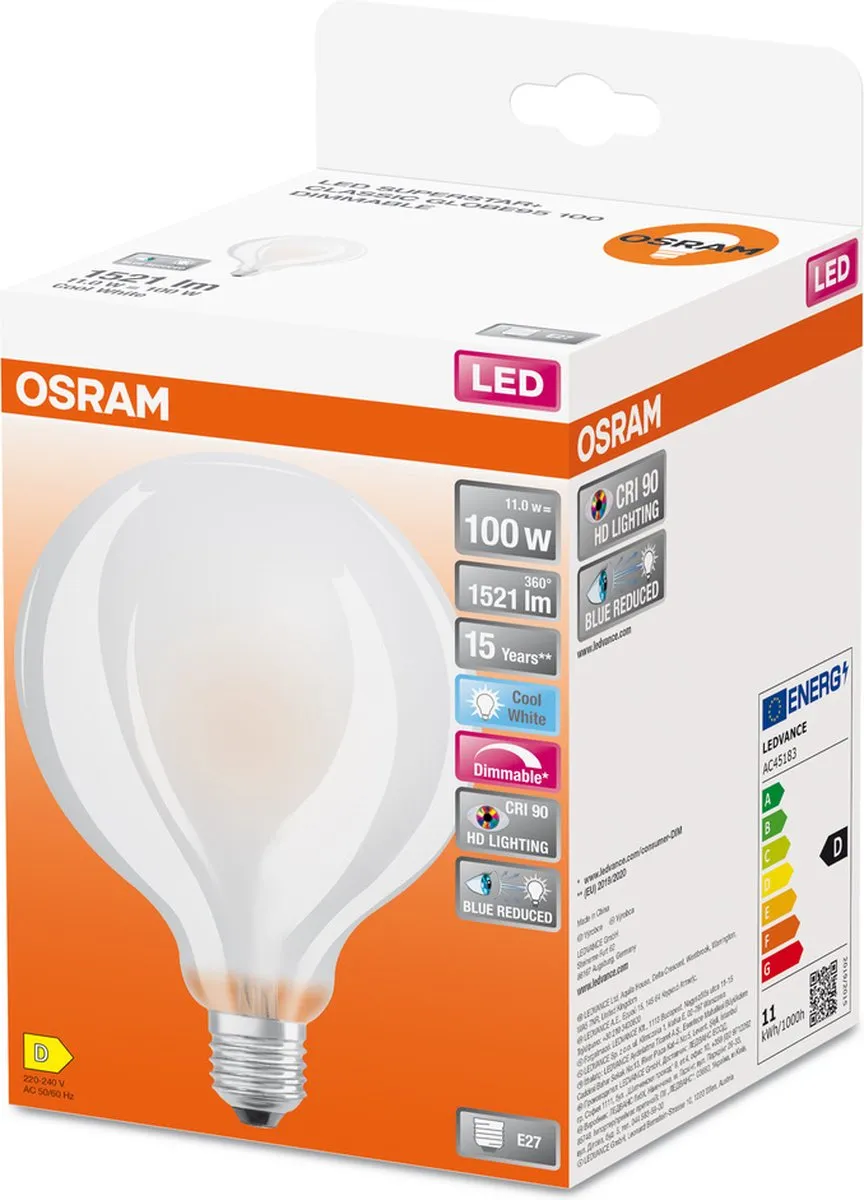 Osram LED Superstar E27 Globe Filament Mat 11W 1521lm - Koel wit