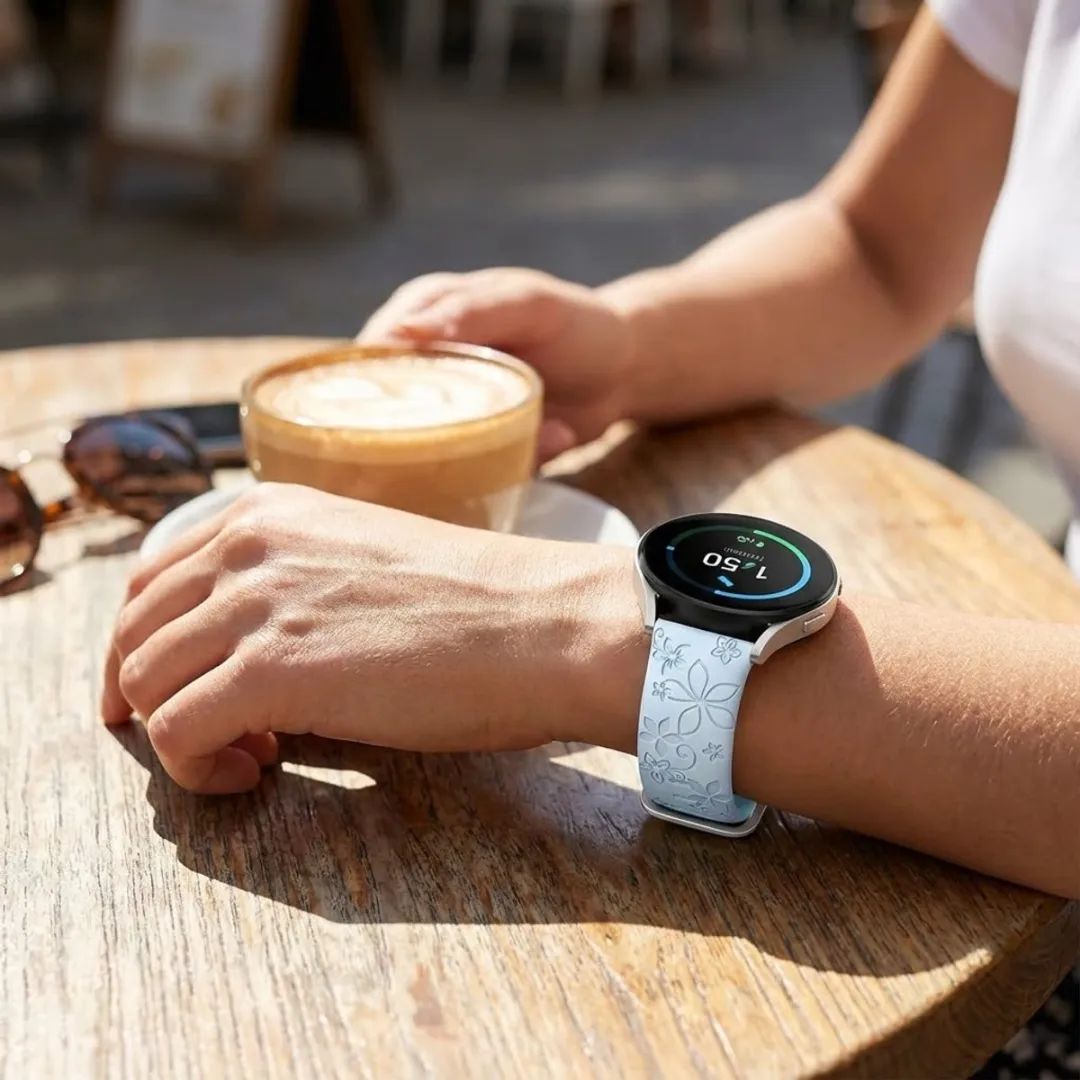 NUVEX Silicone Horlogeband 22mm - Lichtblauw/IJsblauw - Bloemenpatroon