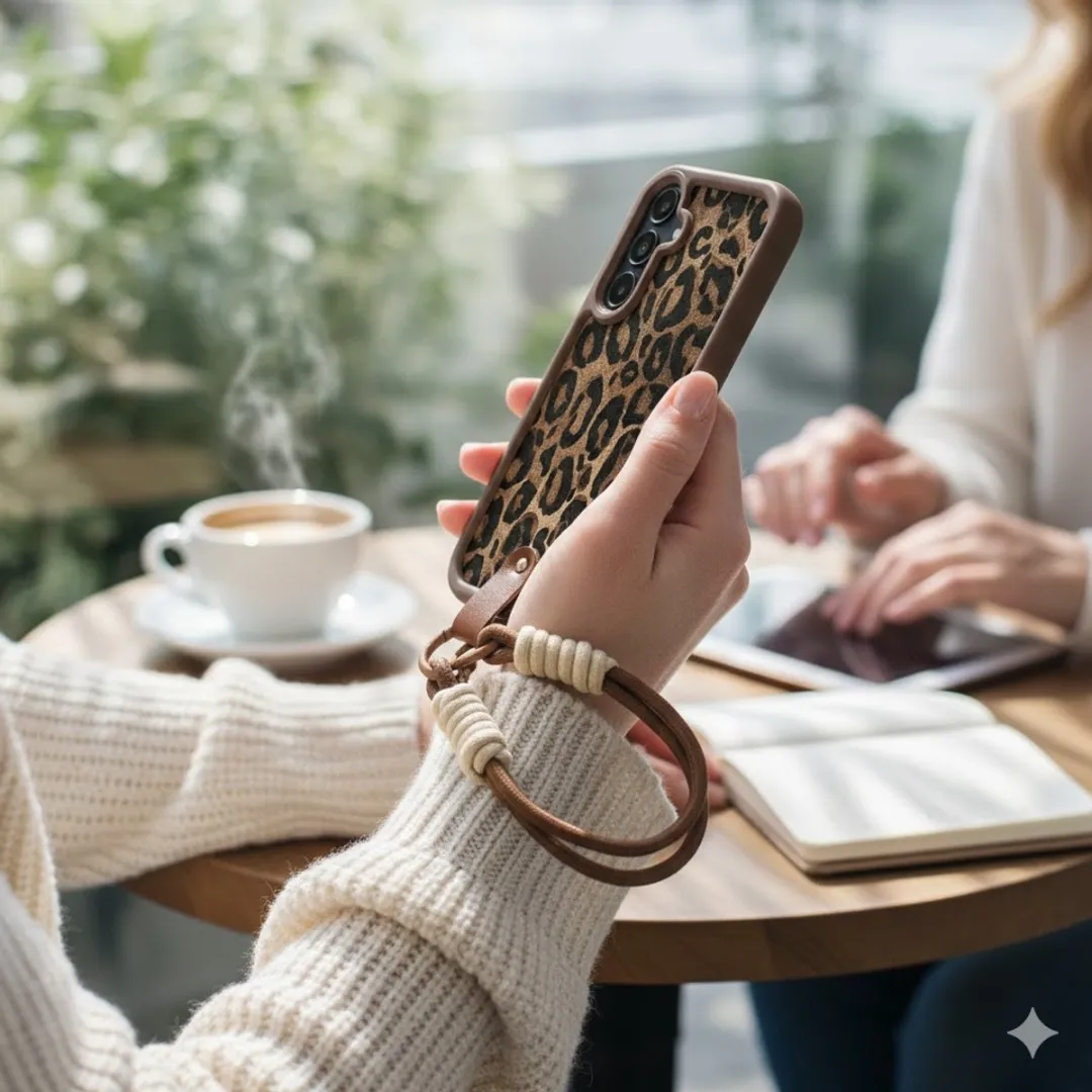 NuveX Telefoonhoesje Samsung Galaxy A54 - Bruin Luipaardprint - Met Koord