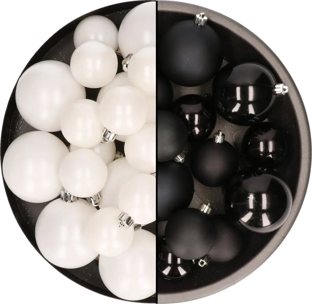 Kerstversiering kunststof kerstballen kleuren mix zwart/wit 4-6-8 cm pakket van