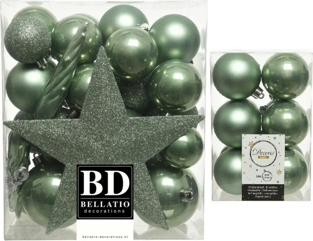 Kerstversiering kunststof kerstballen salie groen 5-6-8 cm pakket van 45x stuks