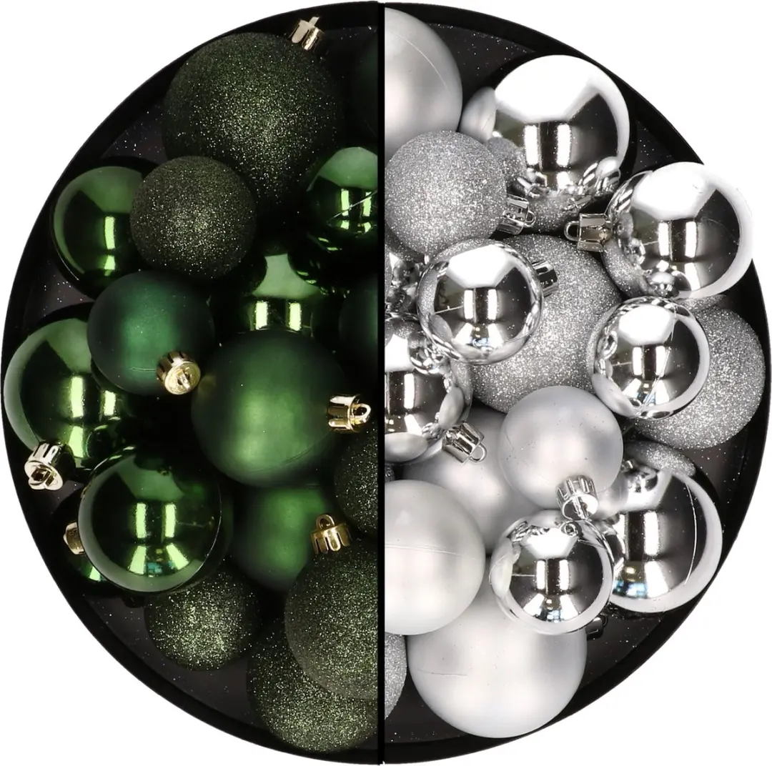 Kerstballen 60x stuks - mix donkergroen/zilver - 4-5-6 cm - kunststof - kerstversiering