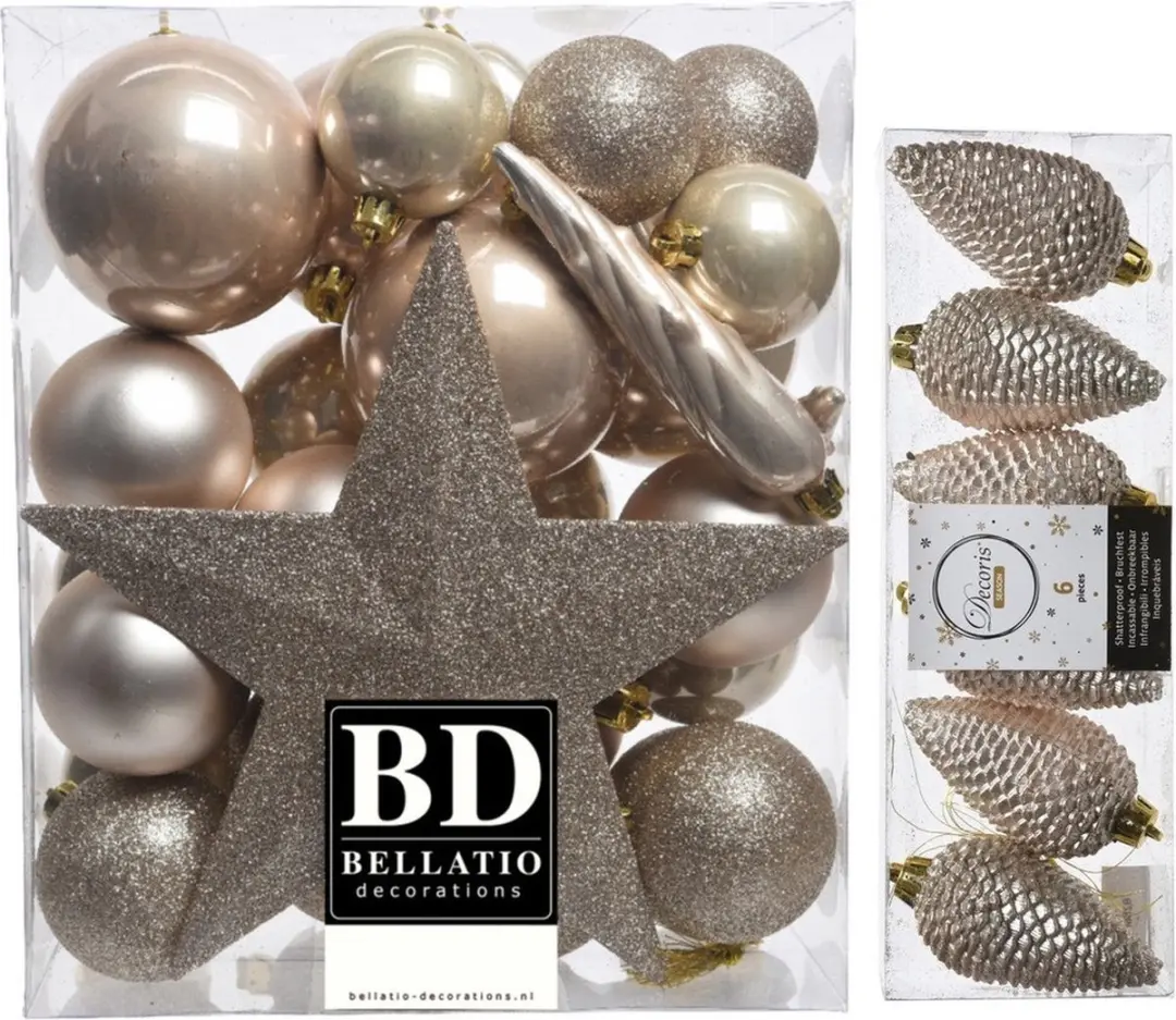 Kerstversiering kunststof kerstballen en hangers parel/champagne 5-6-8 cm pakket