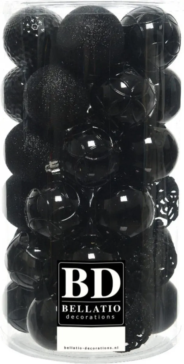 37x stuks kunststof kerstballen zwart 6 cm inclusief kerstbalhaakjes