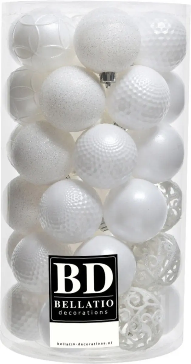 37x stuks kunststof kerstballen wit 6 cm inclusief kerstbalhaakjes