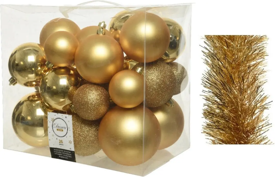 Kerstversiering kunststof kerstballen 6-8-10 cm met folieslingers pakket goud va