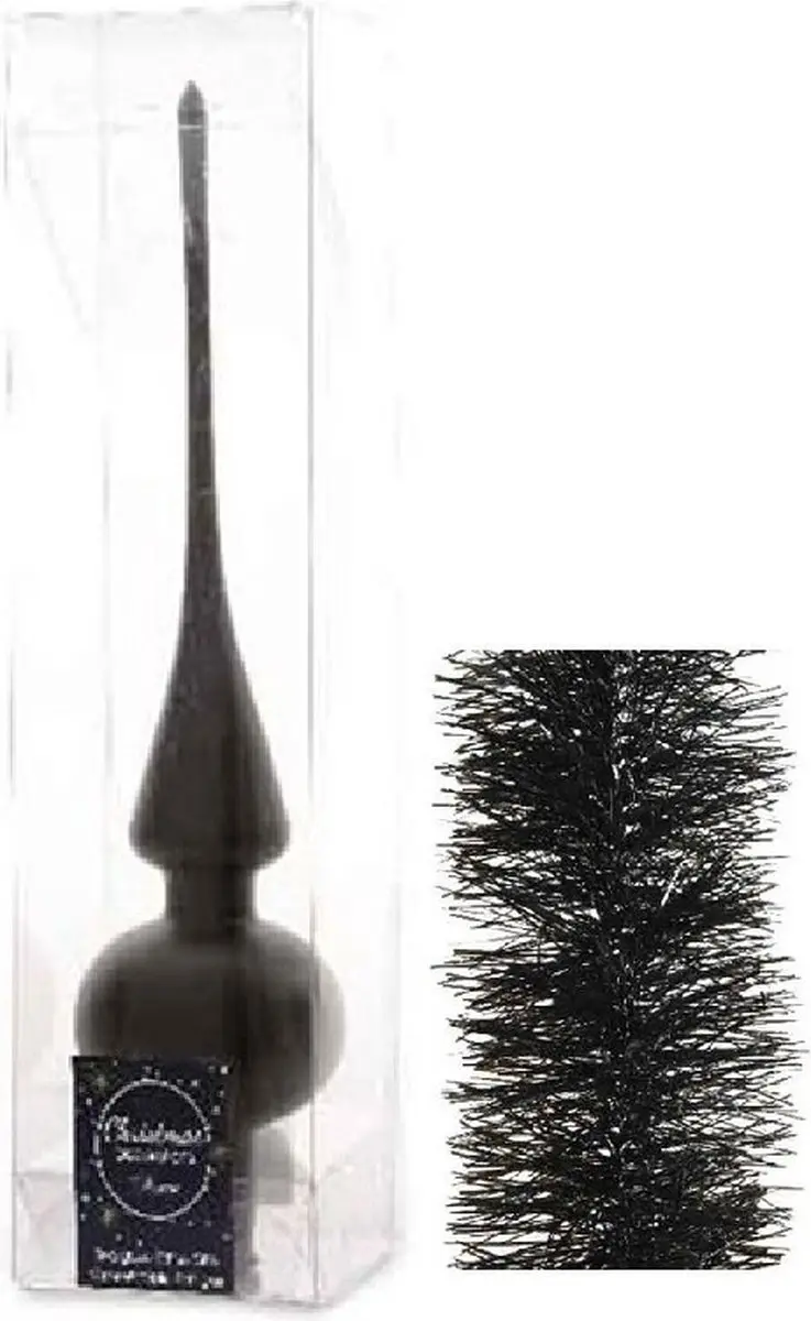 Kerstversiering glazen piek mat 26 cm en folieslingers pakket zwart van 3x stuks
