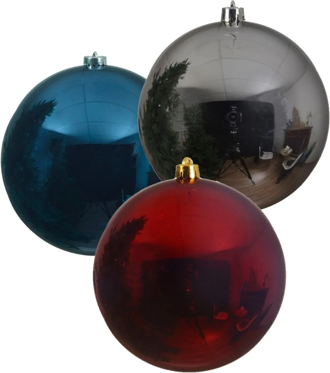 3x stuks grote kerstballen van 20 cm glans van kunststof zilver blauw en rood