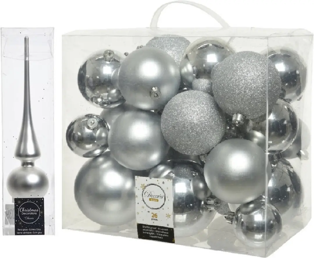 Kerstversiering kunststof kerstballen zilver 6-8-10 cm pakket van 27x stuks