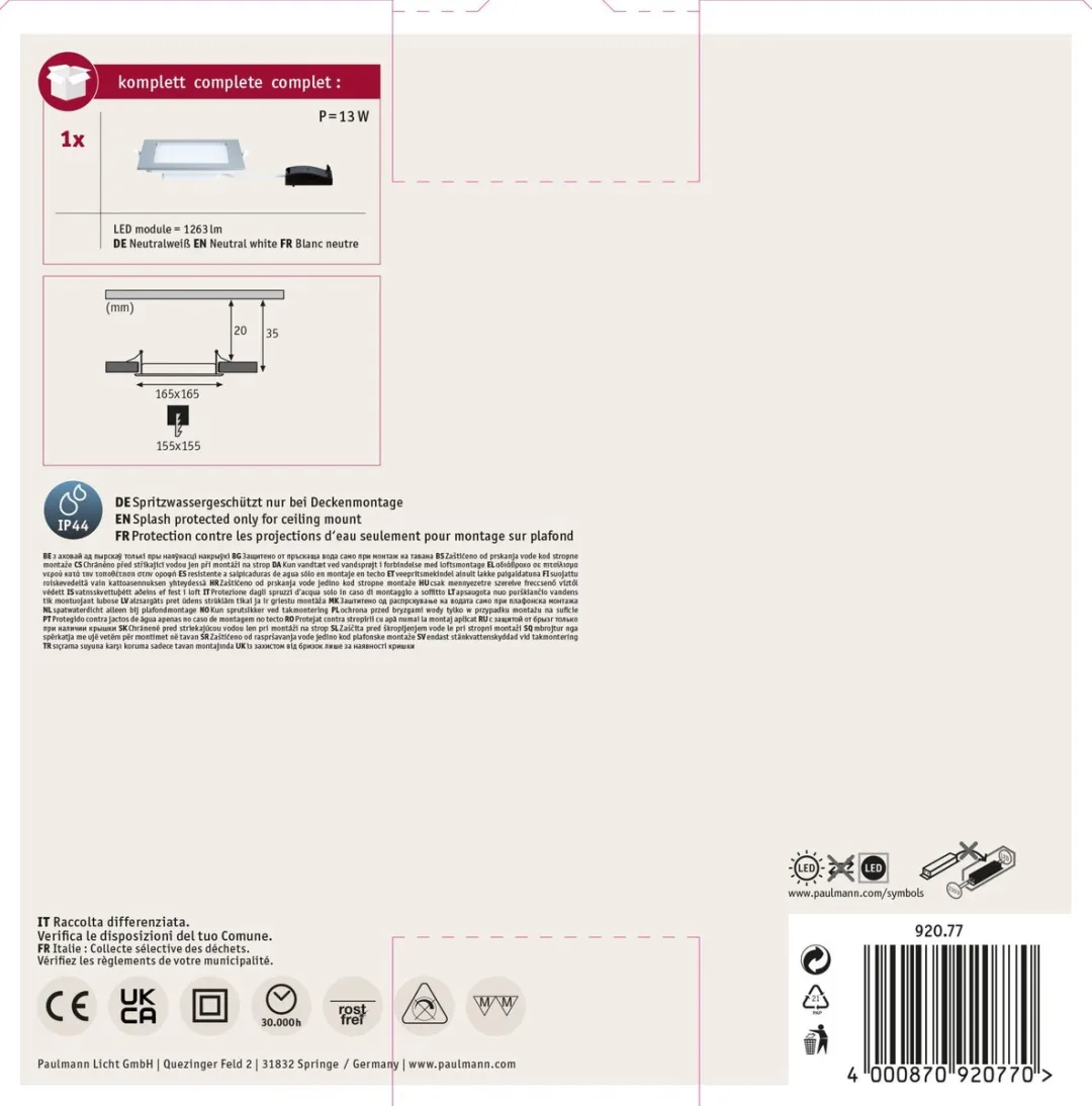 Paulmann LED Inbouwpaneel IP44 12W 850lm 4000K Chroom mat