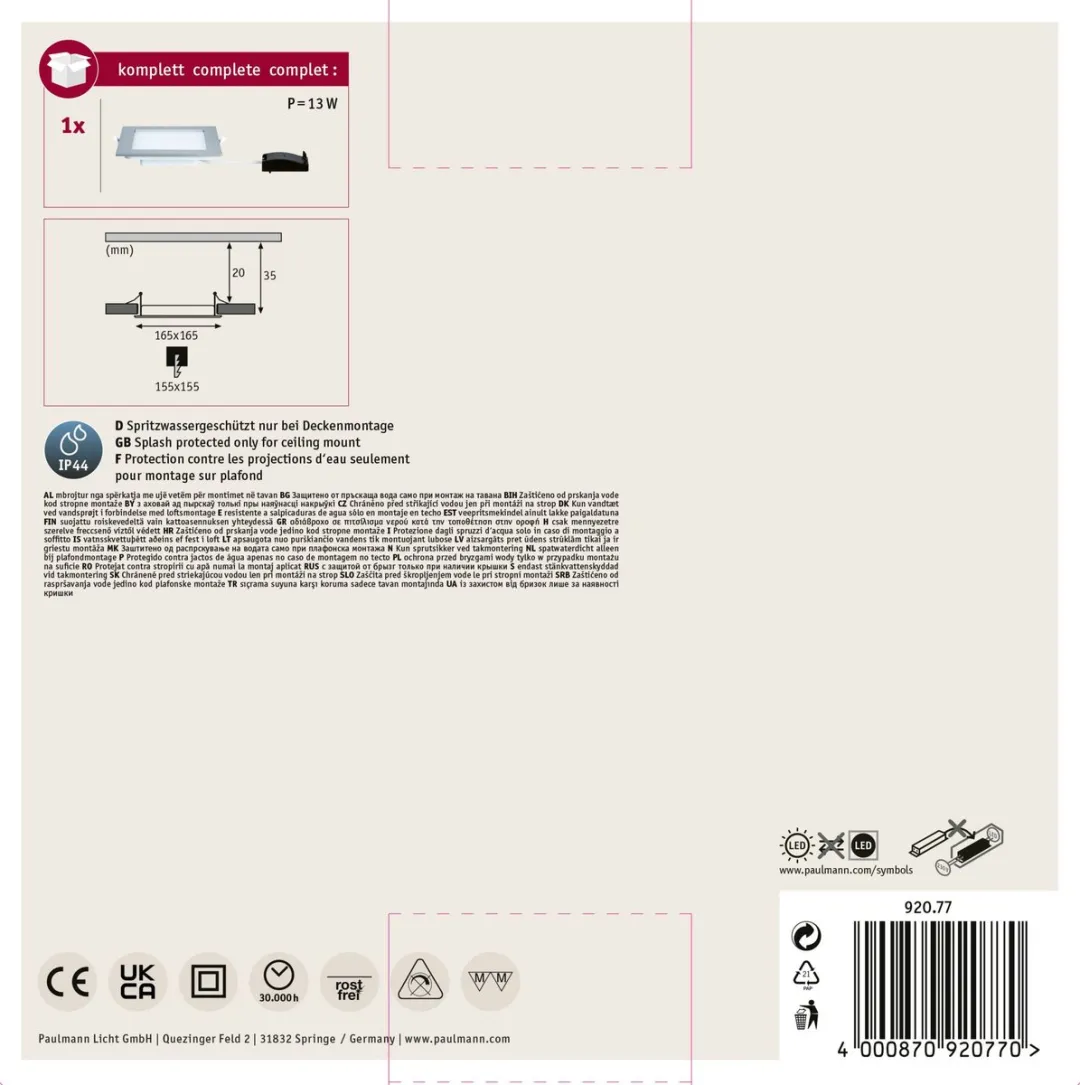 Paulmann LED Inbouwpaneel IP44 12W 850lm 4000K Chroom mat - afbeelding 6 van 6