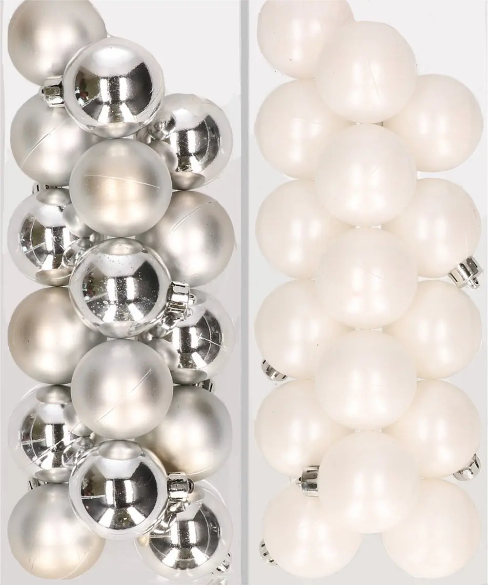 32x stuks kunststof kerstballen mix van zilver en wit 4 cm