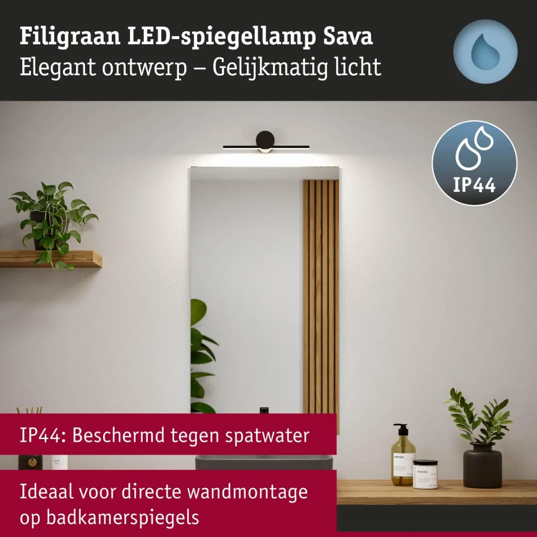 Paulmann LED Spiegellamp Sava IP44 3000K 250lm - Zwart mat