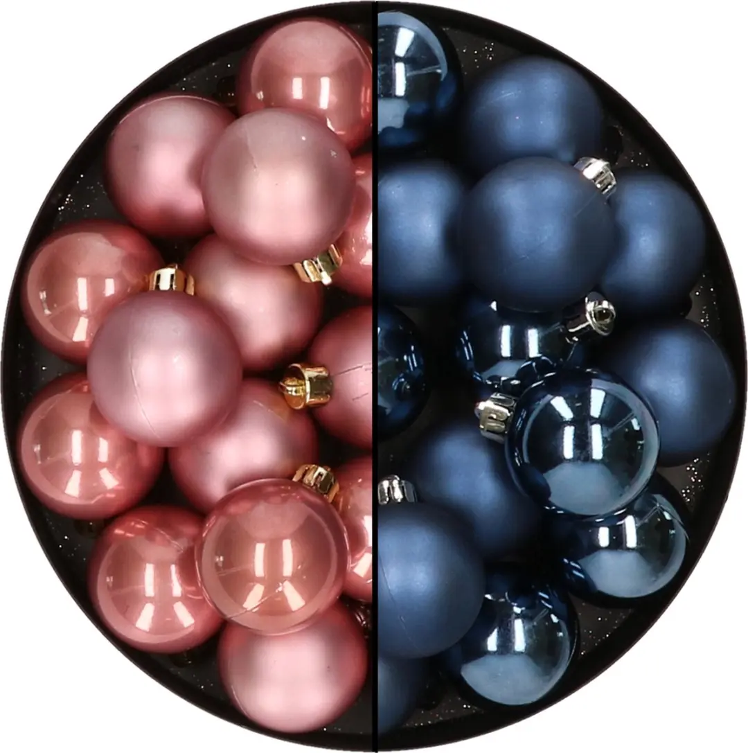32x stuks kunststof kerstballen mix van oudroze en donkerblauw 4 cm