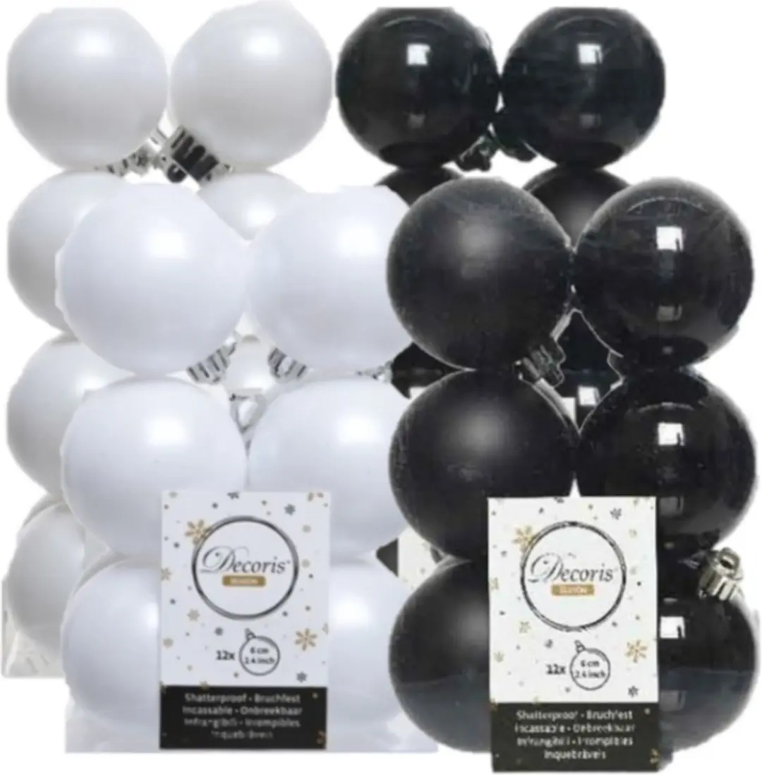 56x stuks kunststof kerstballen zwart en wit 4 en 6 cm