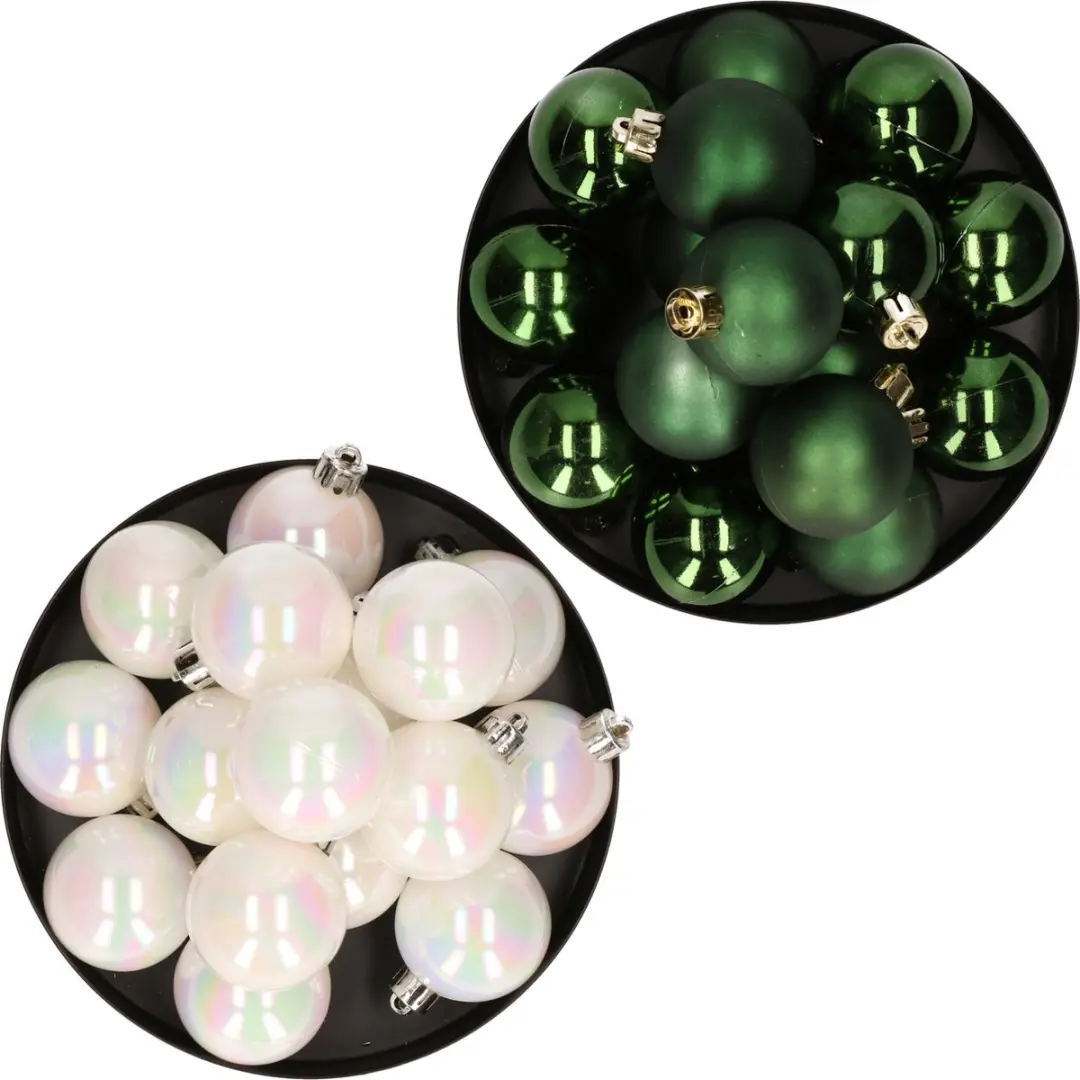Kerstversiering kunststof kerstballen kleuren mix parelmoer wit/ donkergroen 4 e