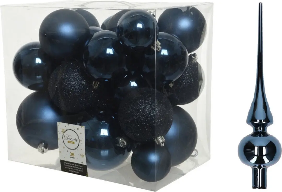 Kerstversiering kunststof kerstballen donkerblauw 6-8-10 cm pakket van 27x stuks