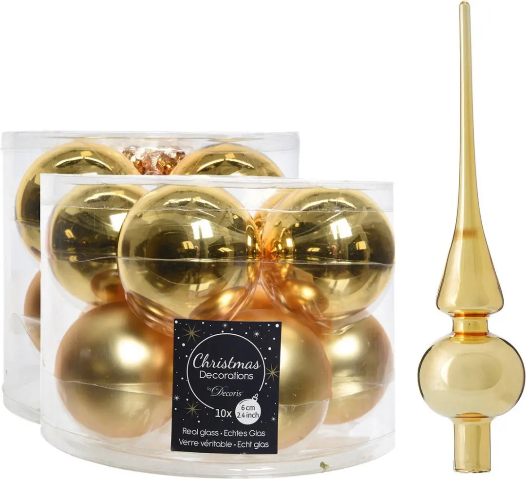 Compleet glazen kerstballen pakket goud glans/mat 32x stuks met piek glans