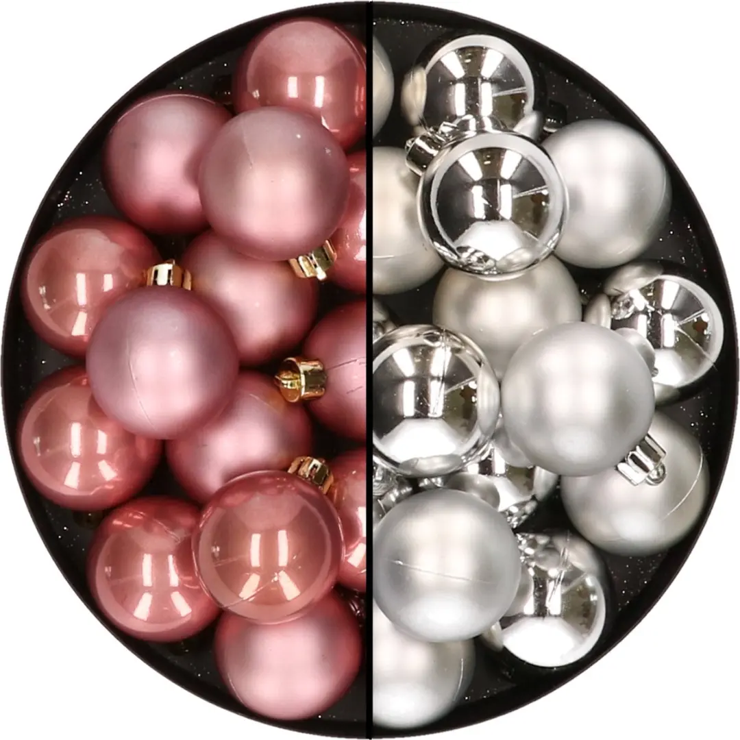 32x stuks kunststof kerstballen mix van oudroze en zilver 4 cm