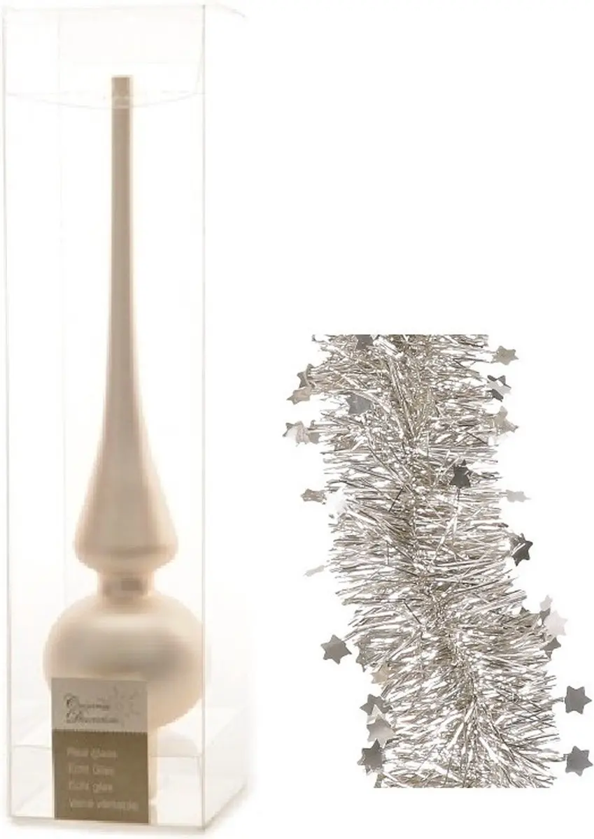 Kerstversiering glazen piek mat 26 cm en sterren folieslingers pakket licht pare