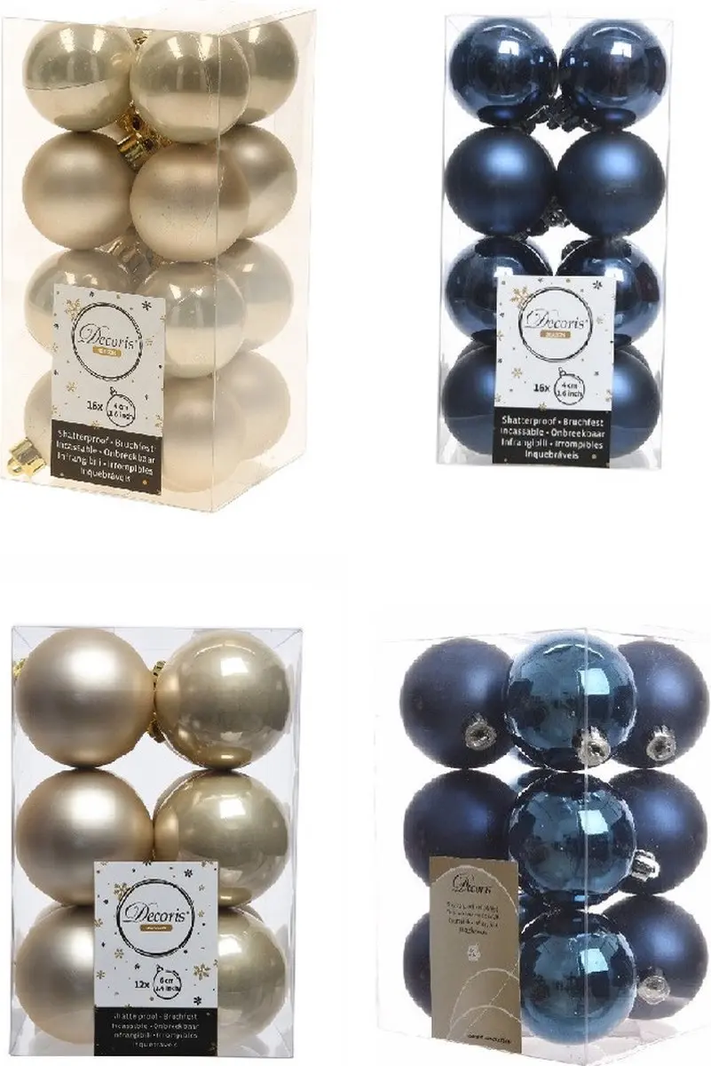 Kerstversiering kunststof kerstballen kleuren mix donkerblauw/champagne 4 en 6 c