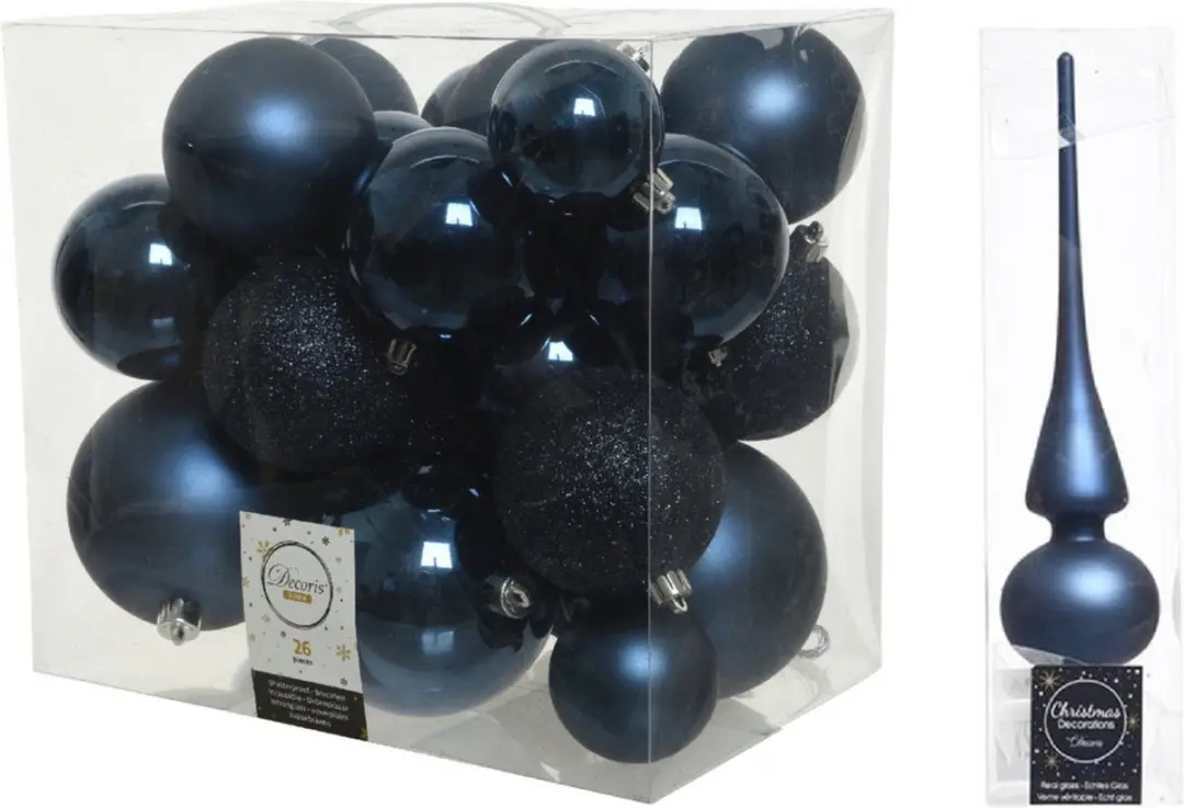 Kerstversiering kunststof kerstballen donkerblauw 6-8-10 cm pakket van 27x stuks