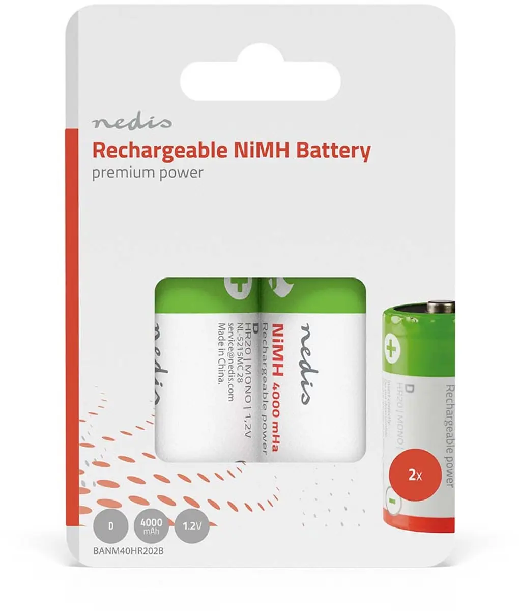 Nedis Oplaadbare NiMH Batterij D 1.2V 4000mAh - 2-Pak - HR20 - afbeelding 3 van 6