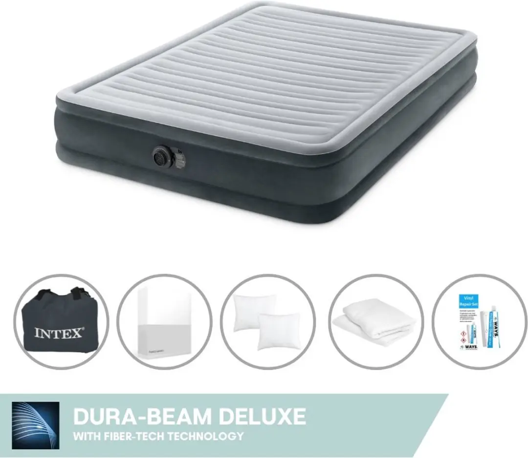 Intex Luchtbed - 2-Persoons - 152 x 203 x 33 cm - Grijs - Inclusief pomp - Hoeslaken - Kussen - Kussenbeschermer en Reparatieset