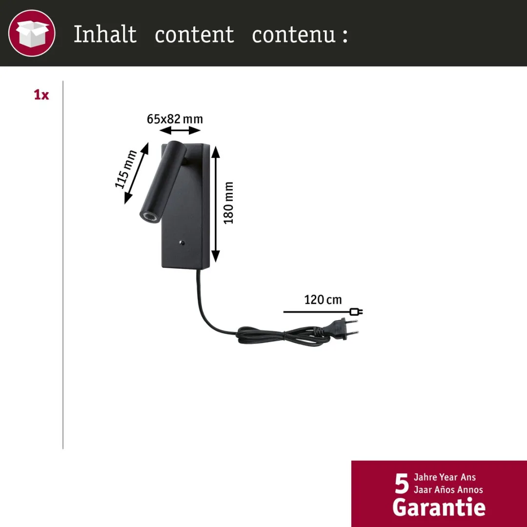 Paulmann LED Wandlamp Hulda USB-C 3000K 130lm - Zwart mat - afbeelding 6 van 6