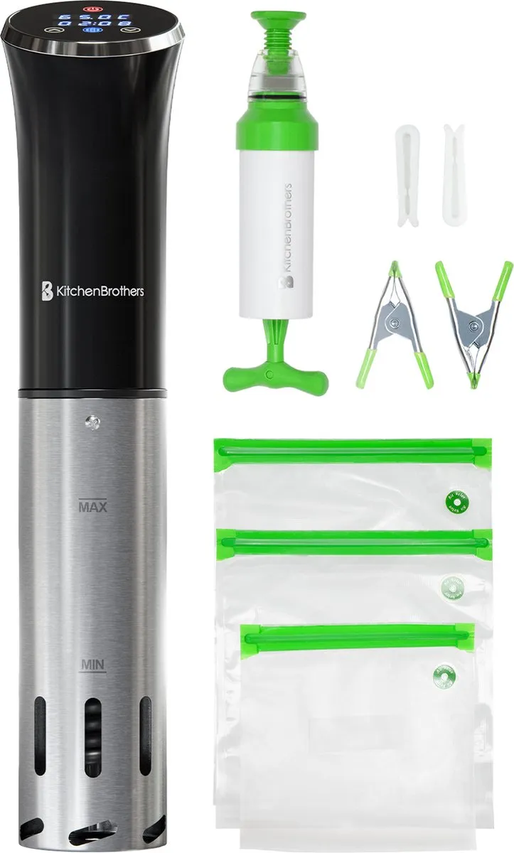 KitchenBrothers Sous Vide Stick 717 - 1200W - Compleet met Kookboek & Zakken - Zwart/RVS