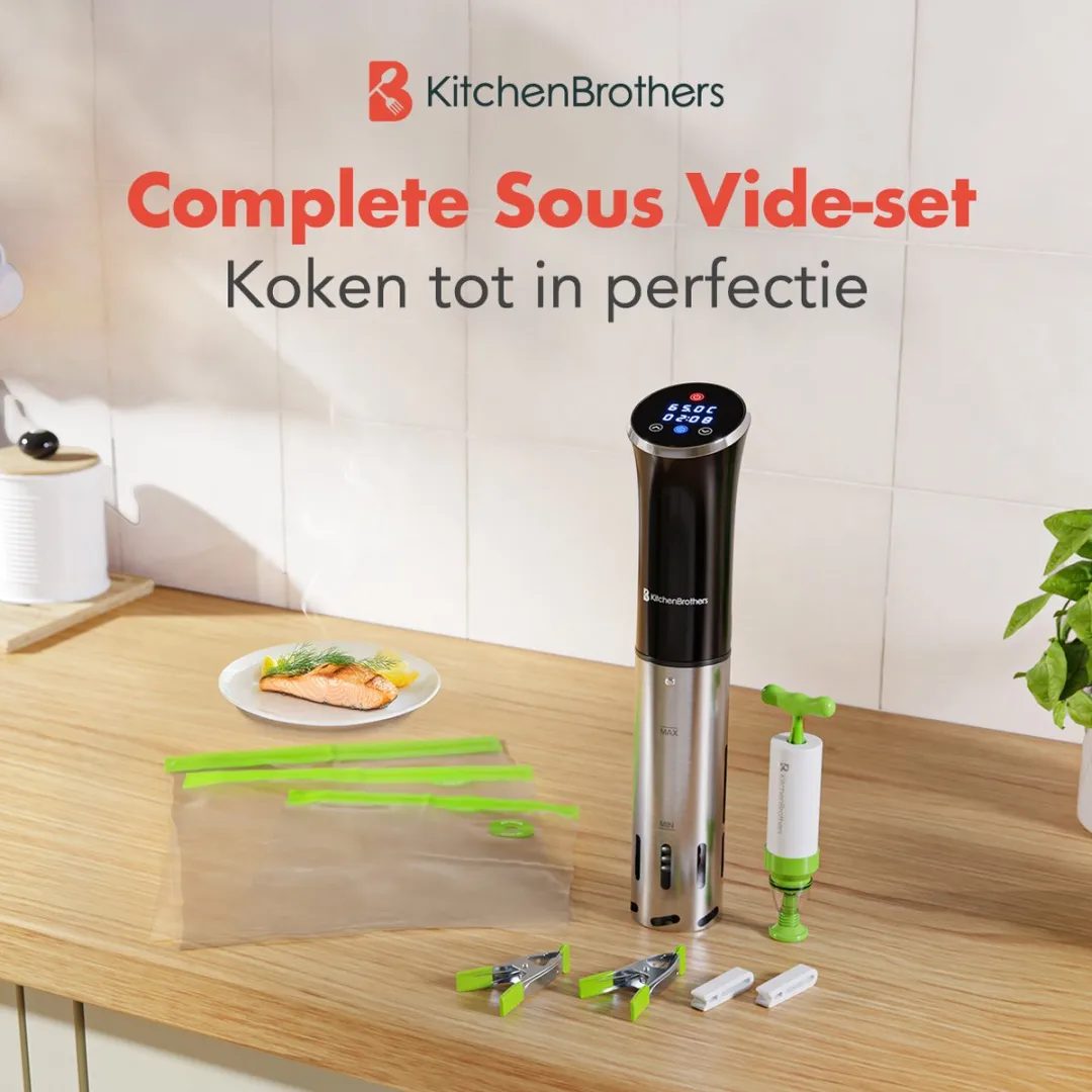 KitchenBrothers Sous Vide Stick 717 - 1200W - Compleet met Kookboek & Zakken - Zwart/RVS