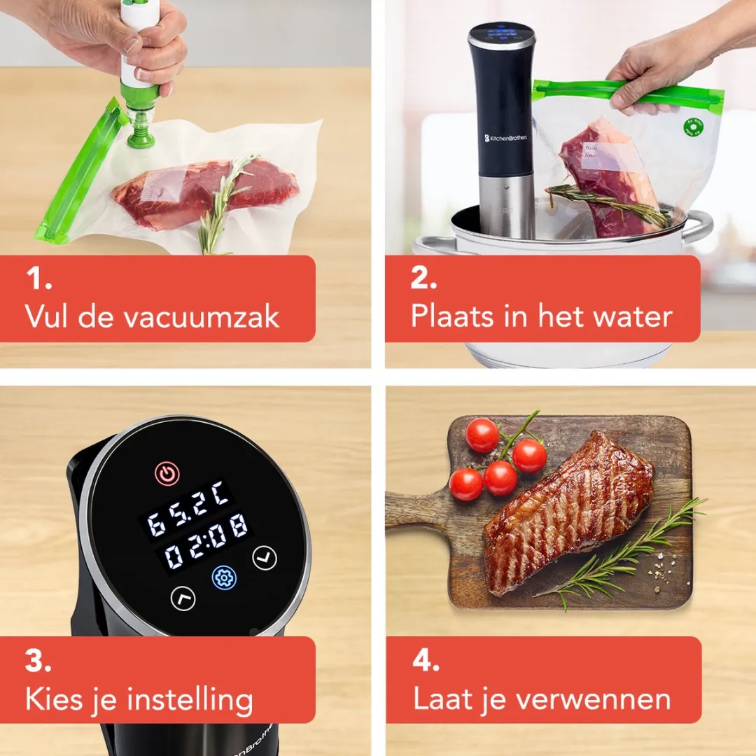 KitchenBrothers Sous Vide Stick 717 - 1200W - Compleet met Kookboek & Zakken - Zwart/RVS
