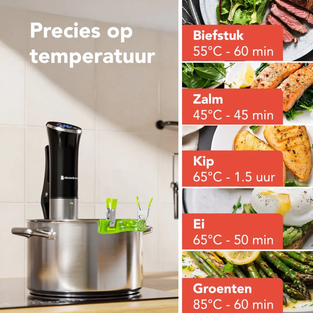 KitchenBrothers Sous Vide Stick 717 - 1200W - Compleet met Kookboek & Zakken - Zwart/RVS