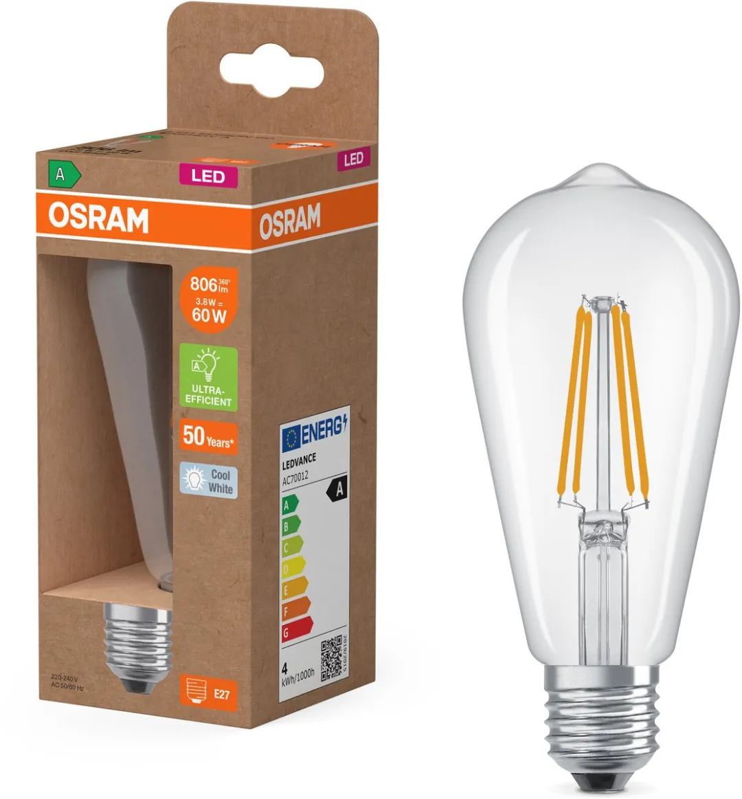 Osram LED E27 Edison Filament 3.8W 806lm - Koel wit 4000K
