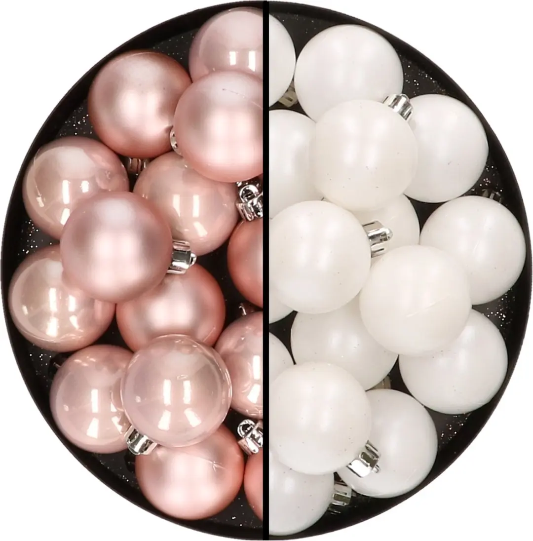 32x stuks kunststof kerstballen mix van lichtroze en wit 4 cm