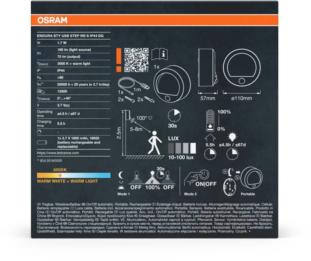 Osram Endura Style USB Wall Step Round Sensor IP44 - 110cm - Donkergrijs - afbeelding 6 van 6
