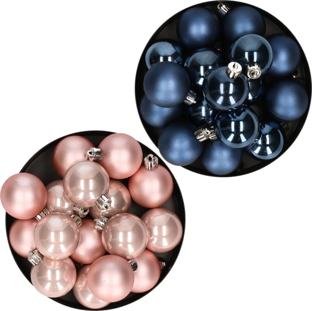 Kerstversiering kunststof kerstballen kleuren mix donkerblauw/lichtroze 4 en 6 c