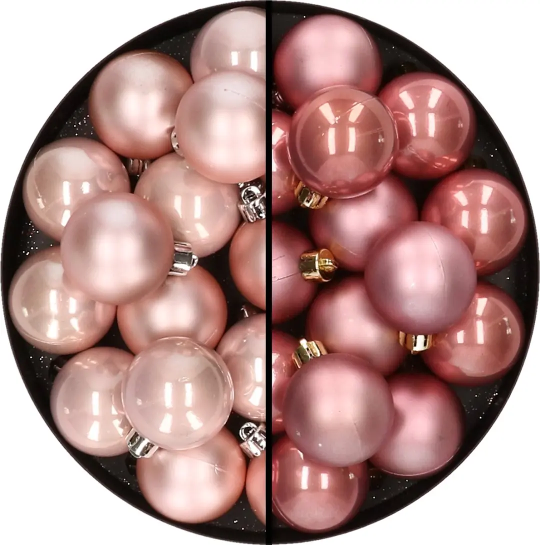 32x stuks kunststof kerstballen mix van lichtroze en oudroze 4 cm