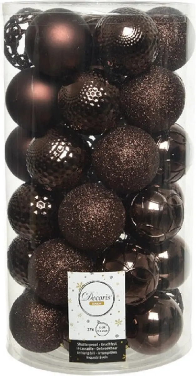 Decoris Kerstballenmix - 37 stuks - 6cm - Kunststof - Donkerbruin