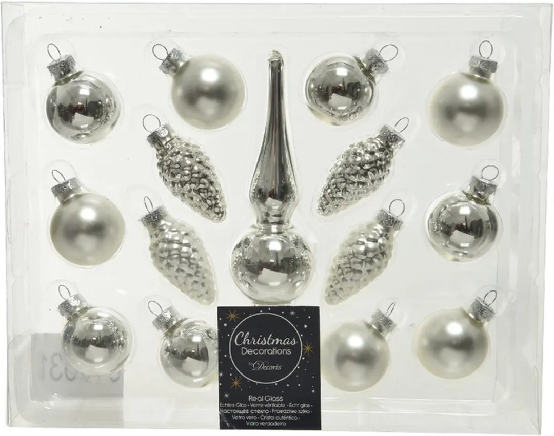 Decoris Mini kerstballen - 3 cm - met piek - 15 - zilver - glas - kerstversiering