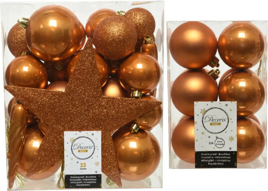 Kerstversiering kunststof kerstballen cognac bruin 5-6-8 cm pakket van 45x stuks