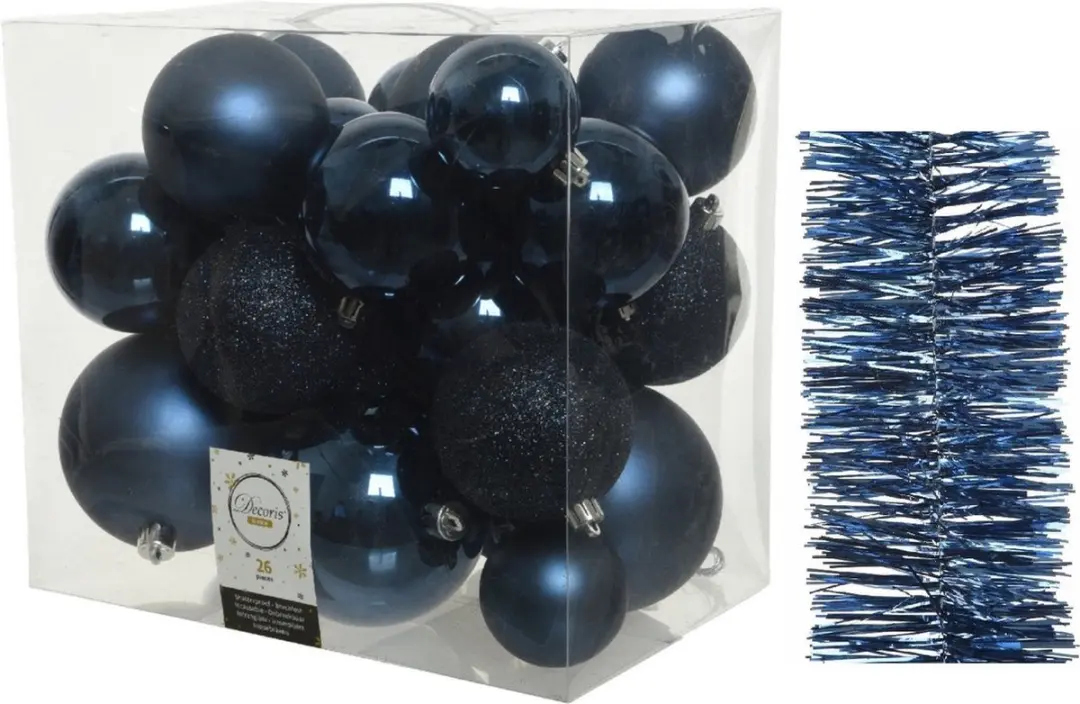 Kerstversiering kunststof kerstballen 6-8-10 cm met folieslingers pakket donkerb